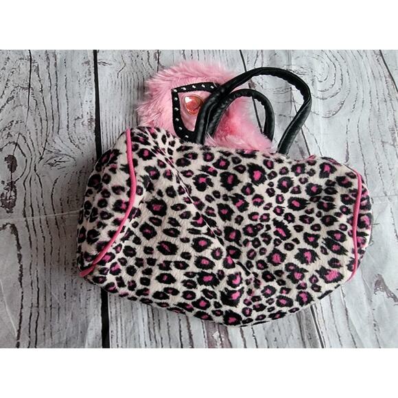 Sassy Pet Saks by Douglas Bag Purse Pink leopard print feathery pink Trim heart - Picture 4 of 8